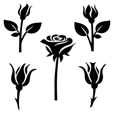 Logolar, baskılar ve Dijital Sanatlar İçin Yüksek Kaliteli Bir Gül Çiçeği Sembolünün Siyah Siluet Vektör İlülasyonu.