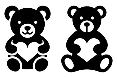 Oyuncak ayı, sevimli siyah siluet vektör çizim tarzında kalp demetine sarılıyor.