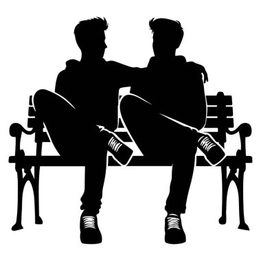 İki arkadaş sakin siyah düz siluet vektör çizim tarzında bankta oturuyorlar.