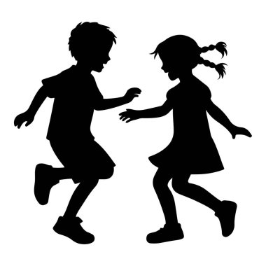 Neşeli çocuklar, düz siyah, oyuncu Siluet Vektör İllüzyonu tarzında birlikte oynuyorlar.