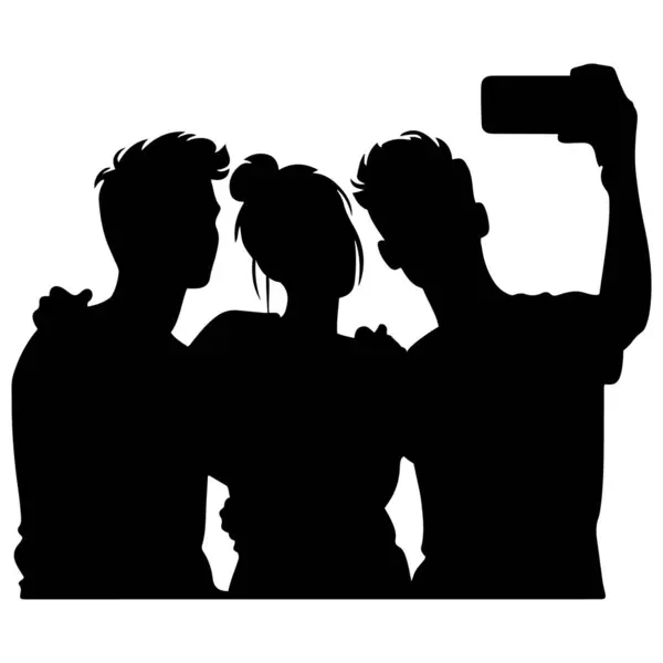 Grup özçekiminin siluet vektörü üç arkadaş vektör illüstrasyonuyla poz verir