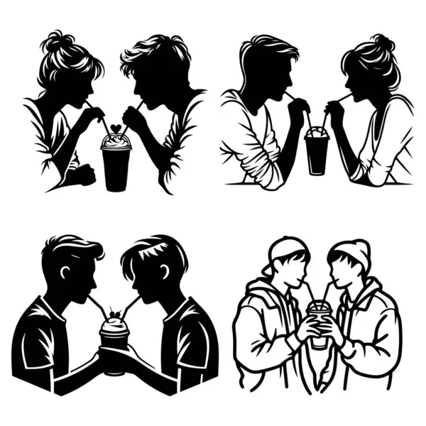 Düz siyah siluet vektör illüstrasyonunda iki pipetle içkiyi paylaşan arkadaşlar