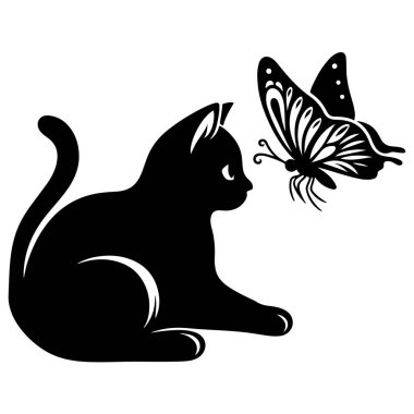 Sevimli Kedi ve Kelebek Etkileşimi Hayvan severler için sevimli silüet vektör çizim paketi
