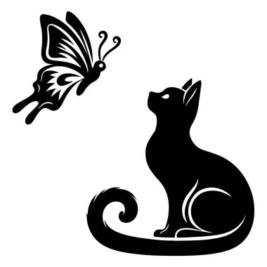 Sevimli Kedi ve Kelebek Etkileşimi Hayvan severler için sevimli silüet vektör çizim paketi