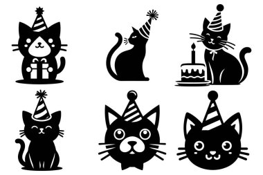 Kedi Giyen Parti Şapkası doğum günü evcil hayvan kutlaması paketi için eğlenceli siluet vektör çizimi