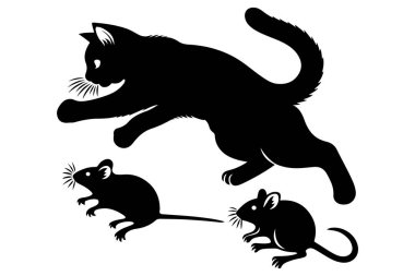 Yırtıcı oyun anı için dinamik siluet vektör resimleme demetinde Sıçrayan Kedi Sahnesi