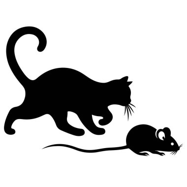 Kedi Avlayan Fare Sahnesi siyah siluet vektör illüstrasyon demetinde yakalandı