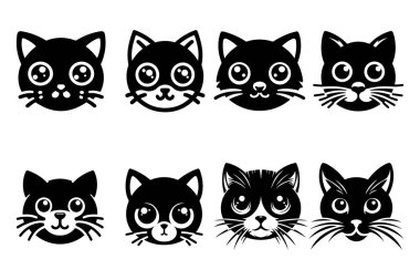 Kedi Yüzlü, Büyük Gözlü, evcil hayvan ifadesi demeti için kalın siluet vektör çizimi