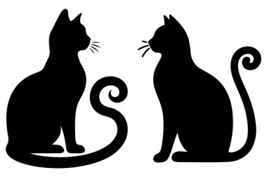 Gevşek kedi tasarımları için zarif siluet vektör illüstrasyon demeti ile Kıvrık Kuyruklu Oturan Kedi