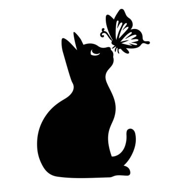 Kelebekli Kedi ile burun silueti vektör çizimi sevimli hayvan ve böcek anı için demet