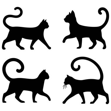 Kemerli Kuyruklu Yürüyen Kedi, meraklı kedi hareketi için uyarı silueti vektör resimleme paketi