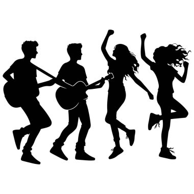 Gitar çalan ve neşeli siluet vektör tasarımı ve müzik illüstrasyon temasıyla dans eden gençler