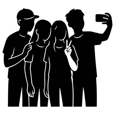 Gençler eğlenceli gençlik çizimleri için günlük siyah siluet vektör tasarımı ile selfie çekiyorlar.