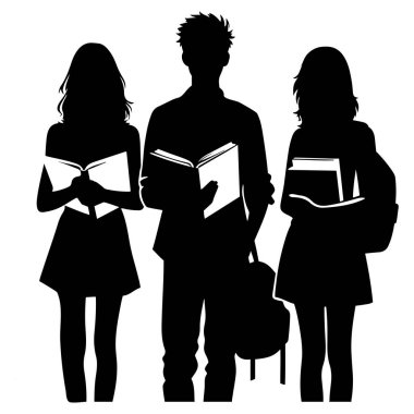 Düz siyah siluet vektör tasarımı ve eğitim illüstrasyonunda kitap ve sırt çantaları tutan öğrenciler