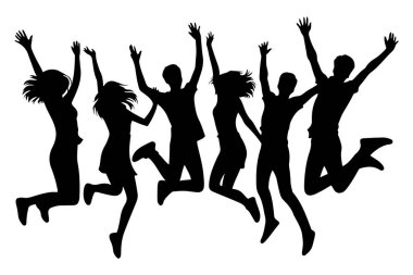 Düz siyah siluet vektör tasarımı ve kutlama illüstrasyonuyla mutlu gençlik atlaması