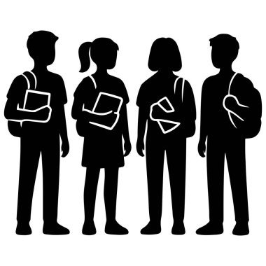 Eğitimsel siyah siluet vektör tasarımı illüstrasyonunda kitap ve sırt çantaları tutan genç öğrenciler