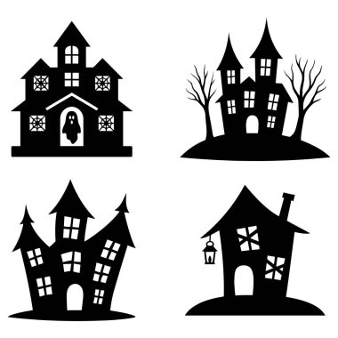 Cadılar Bayramı Tasarımları için Hayaletli Ev Silüeti Vektör İllüzyonu