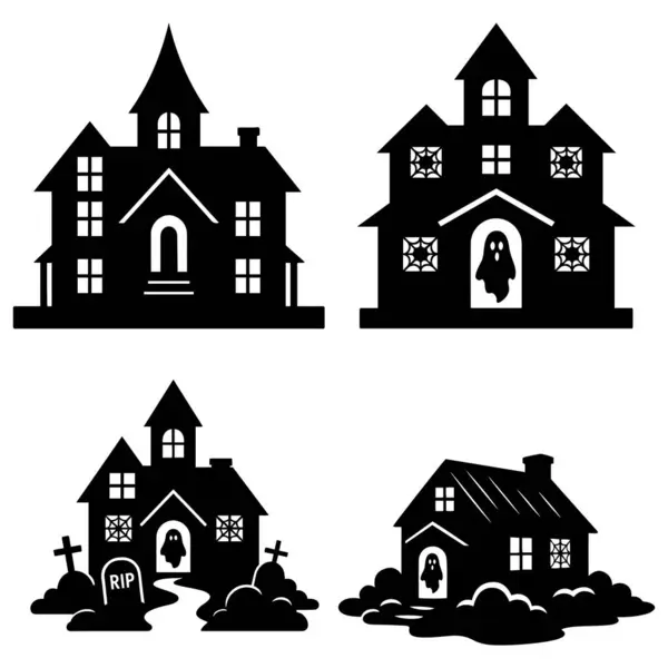 Cadılar Bayramı için Hayaletler ve Mezarlık Elementleriyle Lanetli Ev Silueti Vektör İllüstrasyonu