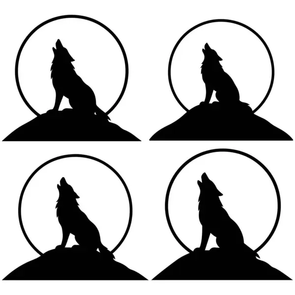 Dolunay altında tepede uluyan kurt düz siyah siluet vektör tasarım demeti çizimi