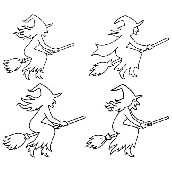 Süpürge üzerinde uçan cadı, Cadılar Bayramı demeti için ana hatlı siyah siluet vektör tasarımı çizimi ile ayarlandı