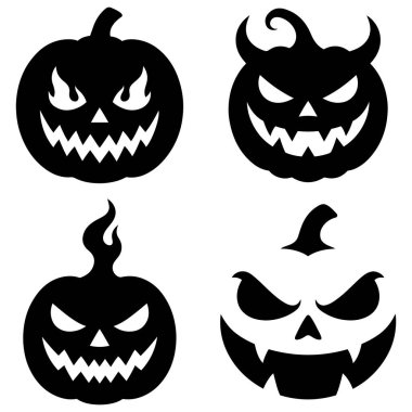 Düz siyah siluet vektör illüstrasyonunda şeytani ifadelerle dolu ürkütücü Cadılar Bayramı balkabağı yüzü paketi