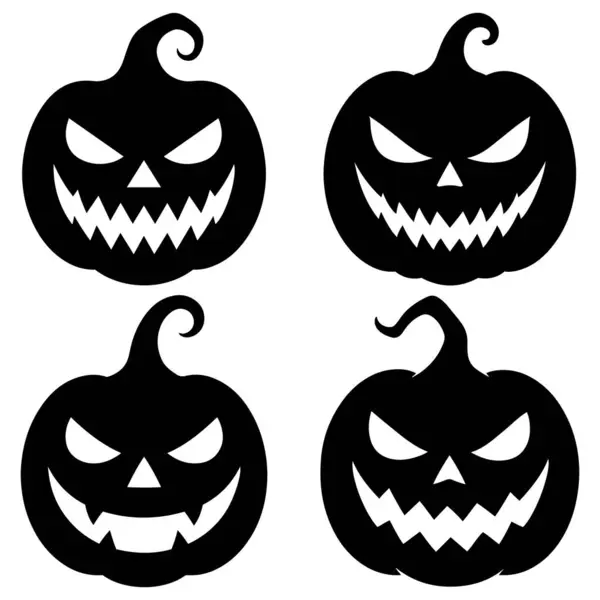 Cadılar Bayramı kabak suratlı, tüyler ürpertici bir gülümseme ve düz siyah siluet vektör resimleme demeti.