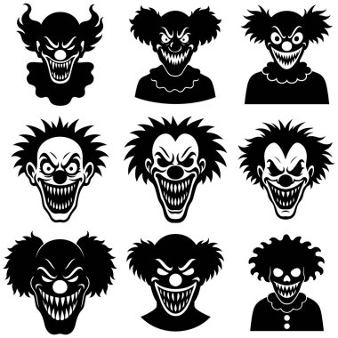 Korkunç palyaço yüzü düz siyah siluet vektör ve korku tasarımı için illüstrasyon