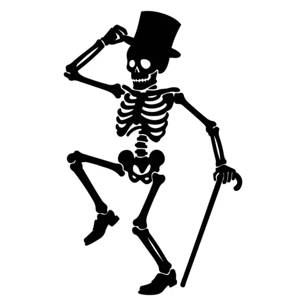 Bastonlu ve siluet şapkalı dans eden iskelet düz siyah siluet vektör tasarımı çizimi