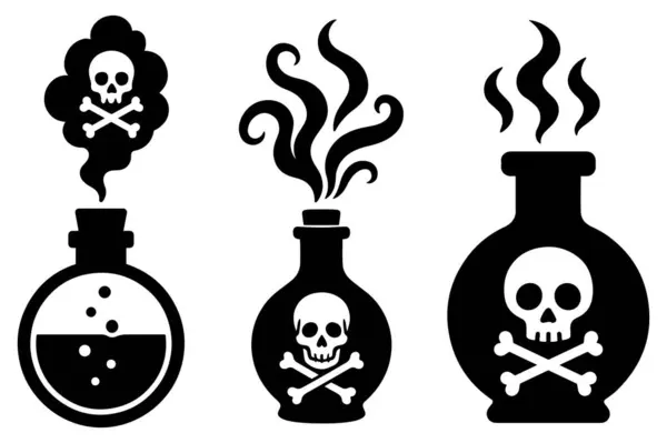 Düz siyah siluet vektör tasarımlı zehirli şişeler ve kafatası simgeleri çizimi
