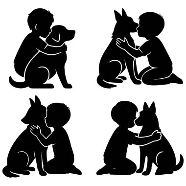 Düz siyah siluet vektör illüstrasyon demeti içinde bir köpeğe sevgiyle sarılan çocuk.