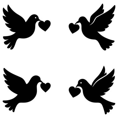 Düz siyah siluet vektör illüstrasyon demetinde aşk teması için kalp taşıyan romantik güvercin