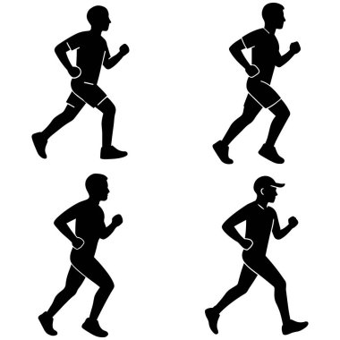 Düz siyah siluet vektör tasarım çizim çizimi ile koşan kişi, atletik koşucu karakter demeti oluşturur