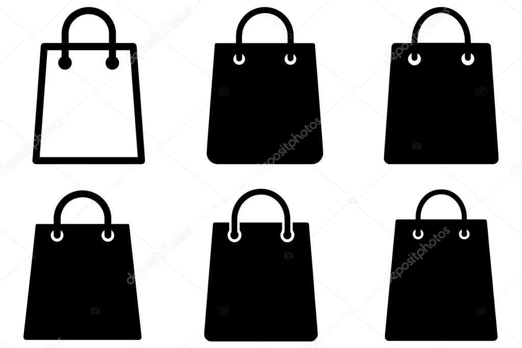 Flat shopping bag icon bundle in black silhouette vector illustration set for branding and eCommerce use