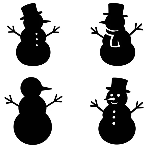 Tatlı Kardan Adam Kış dekor vektörü ve illüstrasyon koleksiyonu için düz siyah siluet biçiminde ayarlandı