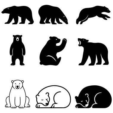 Kutup ayıları, düz siyah siluet vektör illüstrasyon demetinde kış yaban hayatı ve arktik temalı tasarımlar için dizayn edilmişlerdir.