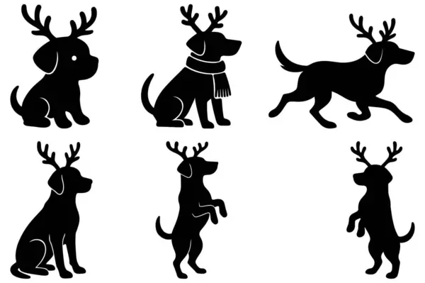 Boynuzlu köpekler düz siyah siluet vektör tasarım resimleme demetinde tatil sanatı için ayarlandı