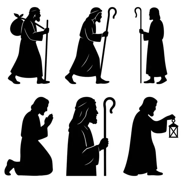 Joseph kutsal figür düz siyah siluet vektör illüstrasyon demeti Hristiyan dini sanat için