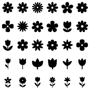 Grafik Çiçek Simgeleri Düz Siyah Silüet Vektör Çizim Paketi Tasarımcılar için Ayarlandı