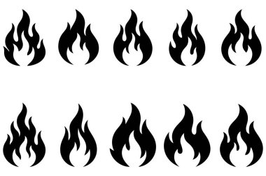 Yaratıcı tasarım sanat eserleri için düz siyah siluet vektör illüstrasyon demetinde ateş alev simgesi ayarlandı