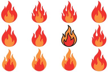 Kırmızı ve turuncu ateş ikonu düz siyah siluet vektör illüstrasyon demetine ayarlanmış yaratıcı sanat eserleri için. Yanan ateş sembolü, ısı enerjisi, alev şekli. Çizgi film yangını alevler arasında.
