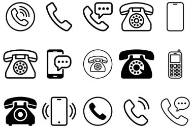 Düz siyah siluet vektör tasarımı ve iletişim illüstrasyonunda telefon ve mobil simge paketi