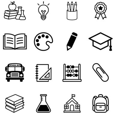 Çizgi film okulu ve eğitim ikonları ayarlandı, öğrenim siluet vektör çizimleri sağlar