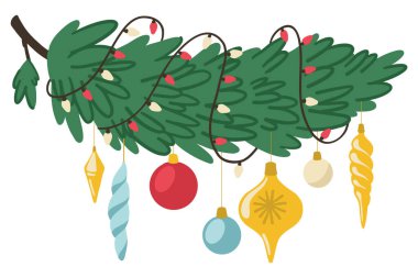 Noel oyuncaklarıyla Noel ağacı dalları. Noel süslemeleri bir köknar ağacının dalında. Kozalaklı ağaç dalı. Noel süsleri. Noel dalı vektör illüstrasyonu. 