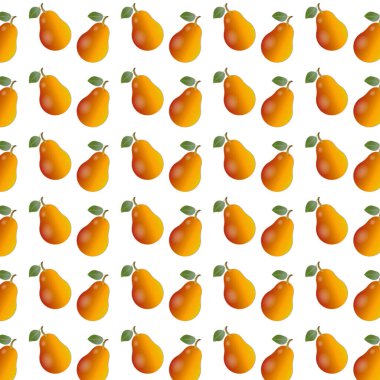 Beyaz arka planda yeşil yapraklı sarı armutlar içeren kusursuz bir desen, mutfak veya yemek teması gibi çeşitli tasarım projeleri için mükemmel.