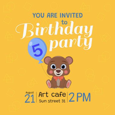 Oyuncak ayıyla 5 yıllık doğum günü davetiyesi. Vektör illüstrasyonu