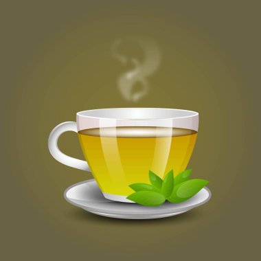 Bir fincan yeşil çay fincanında yeşil çay yapraklarıyla şeffaf, gerçekçi bir fincan.