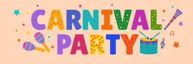 Carnival party. Large large multi-colored inscription. Playbill, poster clipart