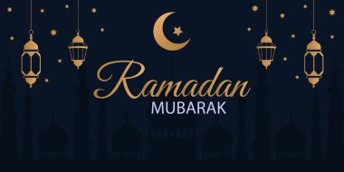 Ramazan Mübarek. Koyu arkaplan, altın lambalar ve hilal ay.