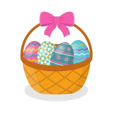 Renkli yumurta ve yaylı Paskalya sepeti