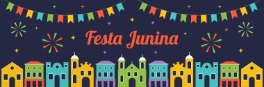 Festa Junina. Bir gece şehri, bayrakları ve havai fişekleri olan afiş ya da afiş